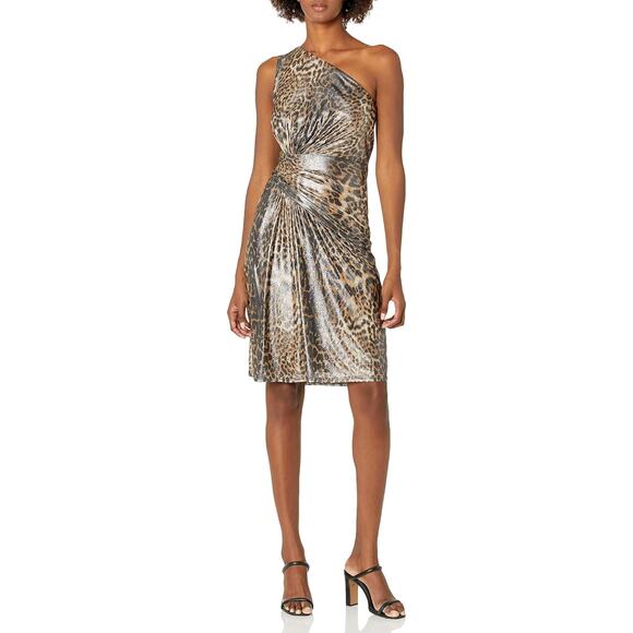 SHO by Tadashi Shoji Leopard One Shoulder Shift Dress Size L NWT - Picture 1 of 8